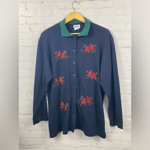 Bon Worth Knit Top Womens Size Medium Blue Christmas Red Cardinal Embroidered